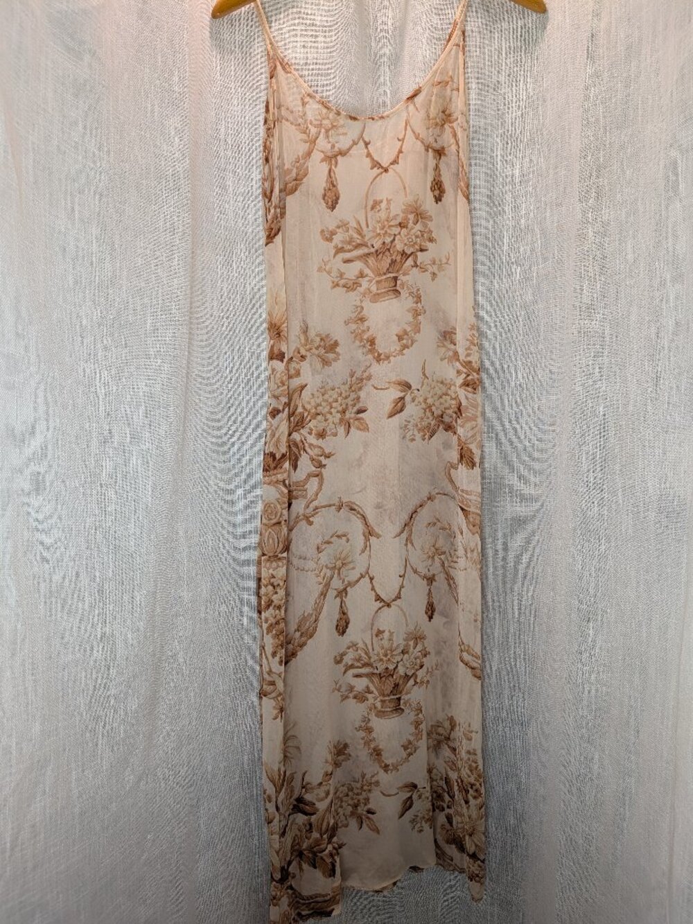 Slip Maxi Length Sheer Dress Beige Brown Floral Tie in Back M
